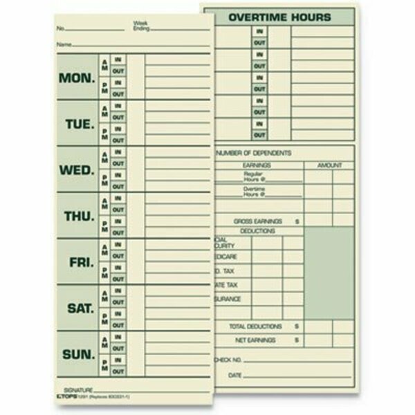 Tops Business Forms TOPS, Time Card For Pyramid Model 331-10, Weekly, Two-Sided, 3 1/2 X 8 1/2, 500PK 1291